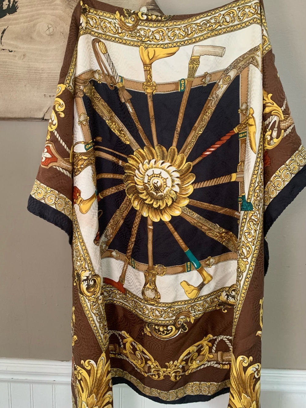 Vintage Italian Silk Jacquard Scarf Baroque Walking Canes Hand Rolled Hem